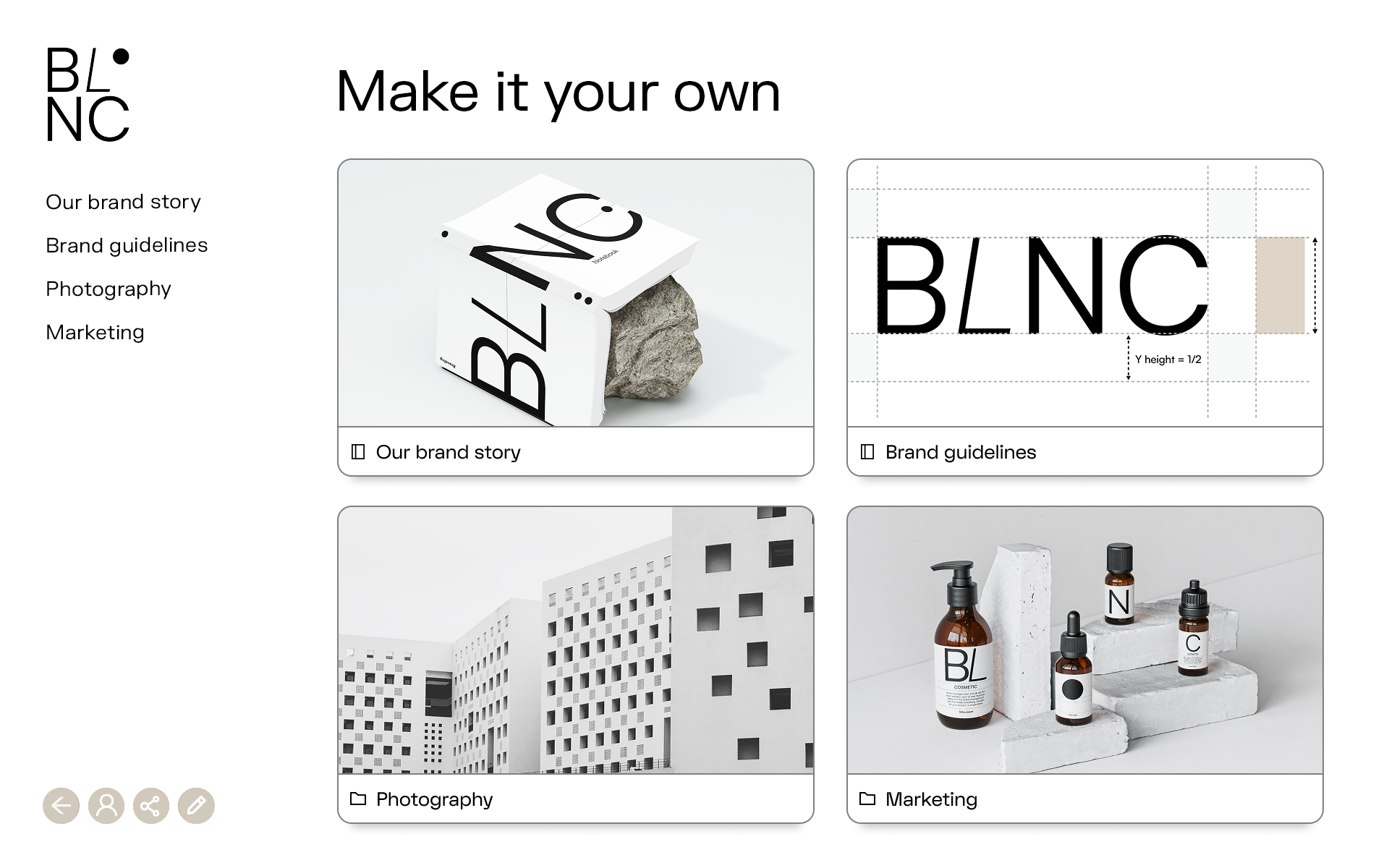 Branding page layout titled 'Make it your own' featuring four sections: a 3D cube with the text BLNC around a rock representing Our brand story; a logo blueprint with measurements labeled Brand guidelines; a black and white photo of modern architecture labeled Photography; and cosmetic product bottles on concrete blocks labeled Marketing.