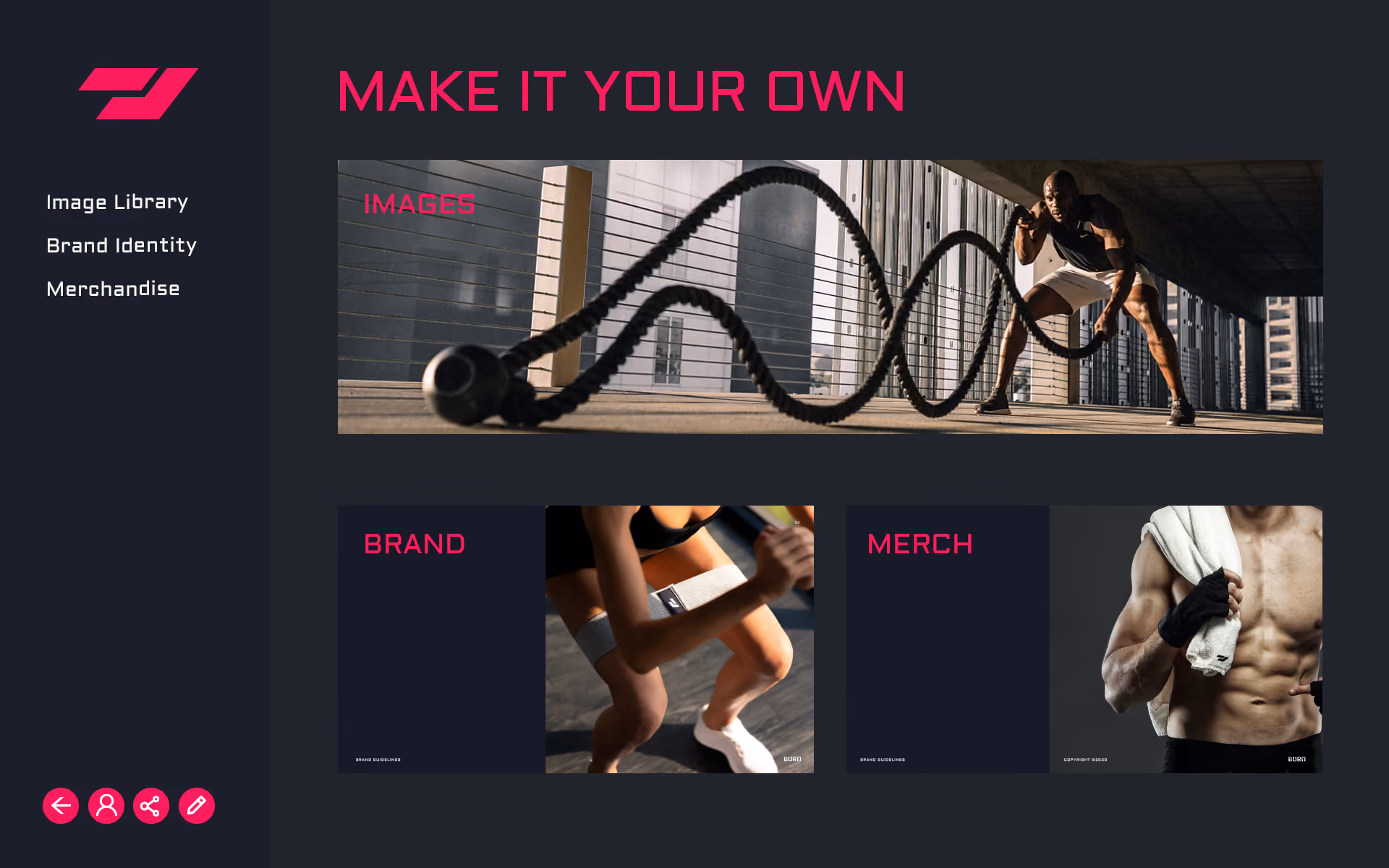 Brandguide page titled 'MAKE IT YOUR OWN' with navigation links Image Library, Brand Identity, Merchandise on the left; main images show a man exercising with battle ropes in an outdoor urban setting, a close-up of a person's legs in exercise gear squatting, and a muscular shirtless man holding a towel over his shoulder.