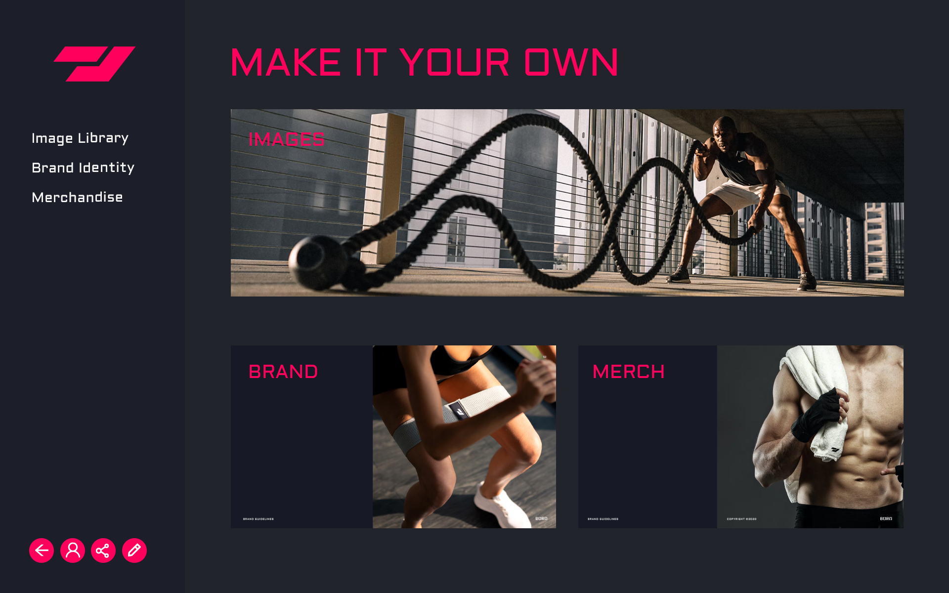 Webpage section titled 'MAKE IT YOUR OWN' with navigation links Image Library, Brand Identity, Merchandise on the left; main images show a man exercising with battle ropes in an outdoor urban setting, a close-up of a person's legs in exercise gear squatting, and a muscular shirtless man holding a towel over his shoulder.