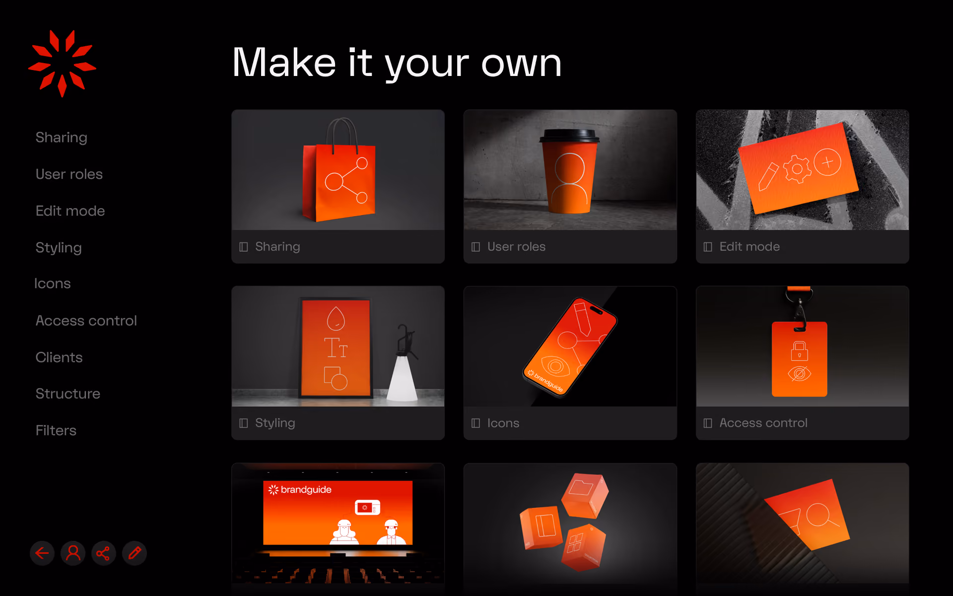 Brandguide folder interface design titled 'Make it your own' with a dark background and a red star logo in the top left corner; a sidebar menu on the left lists options: Sharing, User roles, Edit mode, Styling, Icons, Access control, Clients, Structure, Filters. The main panel shows nine cards with orange-red gradient-themed items representing these categories: a shopping bag for Sharing, a coffee cup for User roles, a note card with icons for Edit mode, framed art with typographic symbols for Styling, a phone screen with icons for Icons, an access badge for Access control, a theater screen for Clients, three floating cubes with folder and window icons for Structure, and a folded paper with a magnifying glass for Filters. Four round buttons featuring navigation, user, sharing, and edit icons appear at the bottom left.
