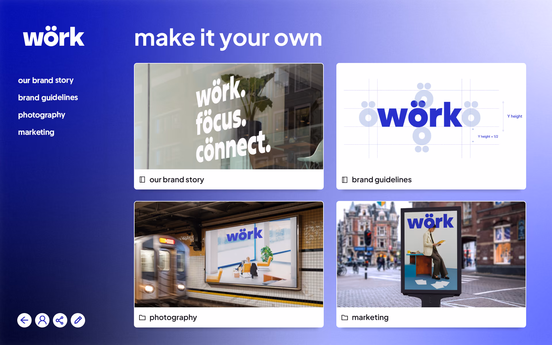 Brandguide folder interface with a blue to purple gradient background featuring the bold white logo 'wörk' at the top left. Large white text reads 'make it your own'. Four sections appear: a photo of 'wörk. focus. connect.' text on a glass wall labeled 'our brand story'; a logo blueprint with measurements labeled 'brand guidelines'; a subway station ad featuring the 'wörk' logo and an office scene labeled 'photography'; and a street billboard with a person reading and the 'wörk' logo labeled 'marketing'. Navigation icons are at the bottom left.