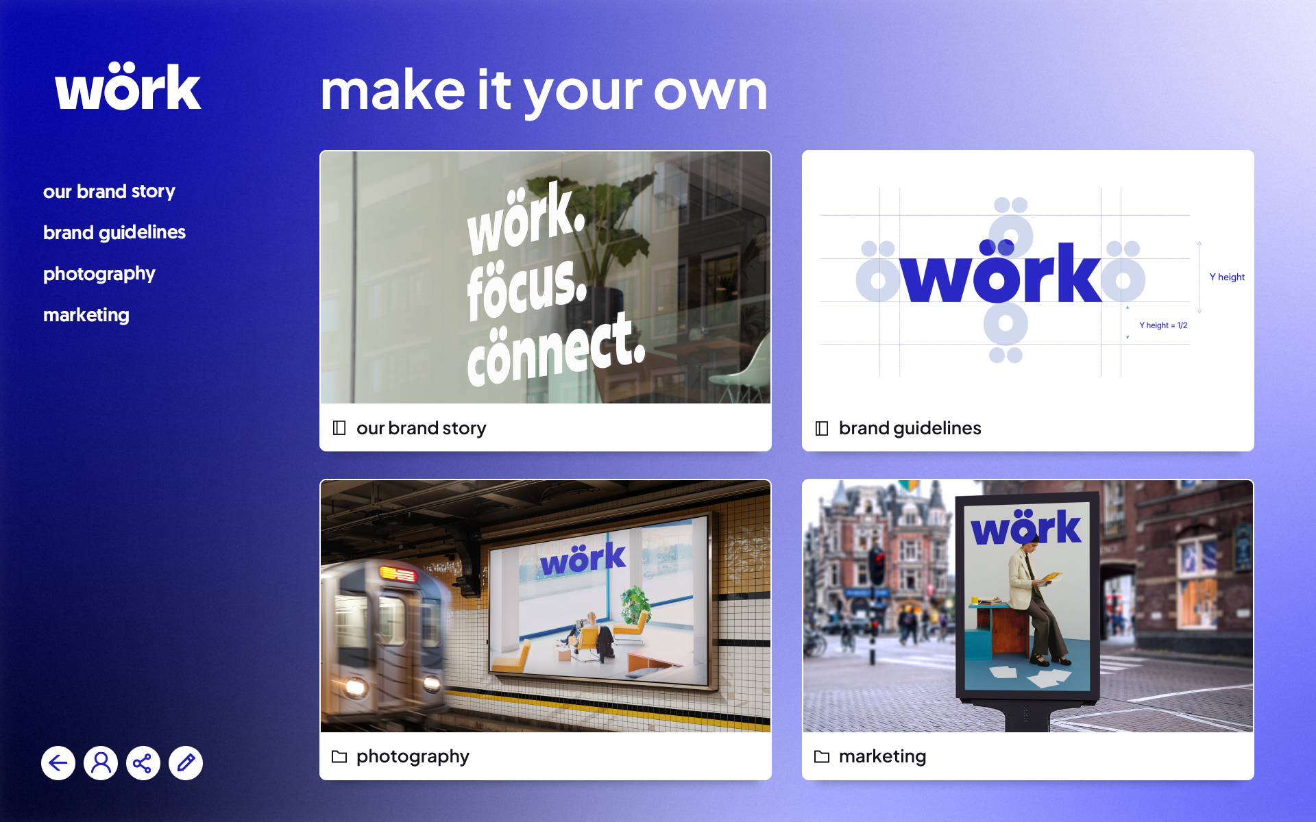 A digital interface with a blue to purple gradient background featuring the bold white logo 'wörk' at the top left. Large white text reads 'make it your own'. Four sections appear: a photo of 'wörk. focus. connect.' text on a glass wall labeled 'our brand story'; a logo blueprint with measurements labeled 'brand guidelines'; a subway station ad featuring the 'wörk' logo and an office scene labeled 'photography'; and a street billboard with a person reading and the 'wörk' logo labeled 'marketing'. Navigation icons are at the bottom left.