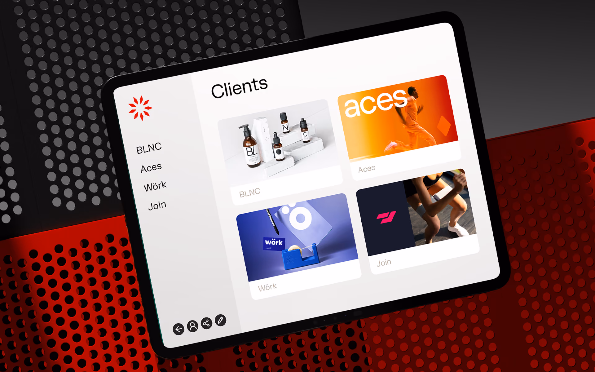 Client page in Brandguide with a white background and black text titled 'Clients' showing four client cards: a BLNC round outdoor sign, a woman with blue hair against a green pixelated background for Soundcube, a collection of blue marketing items including a pen and tape dispenser for Wörk, and a bright orange background with white text 'Colllect' with doodle icons.