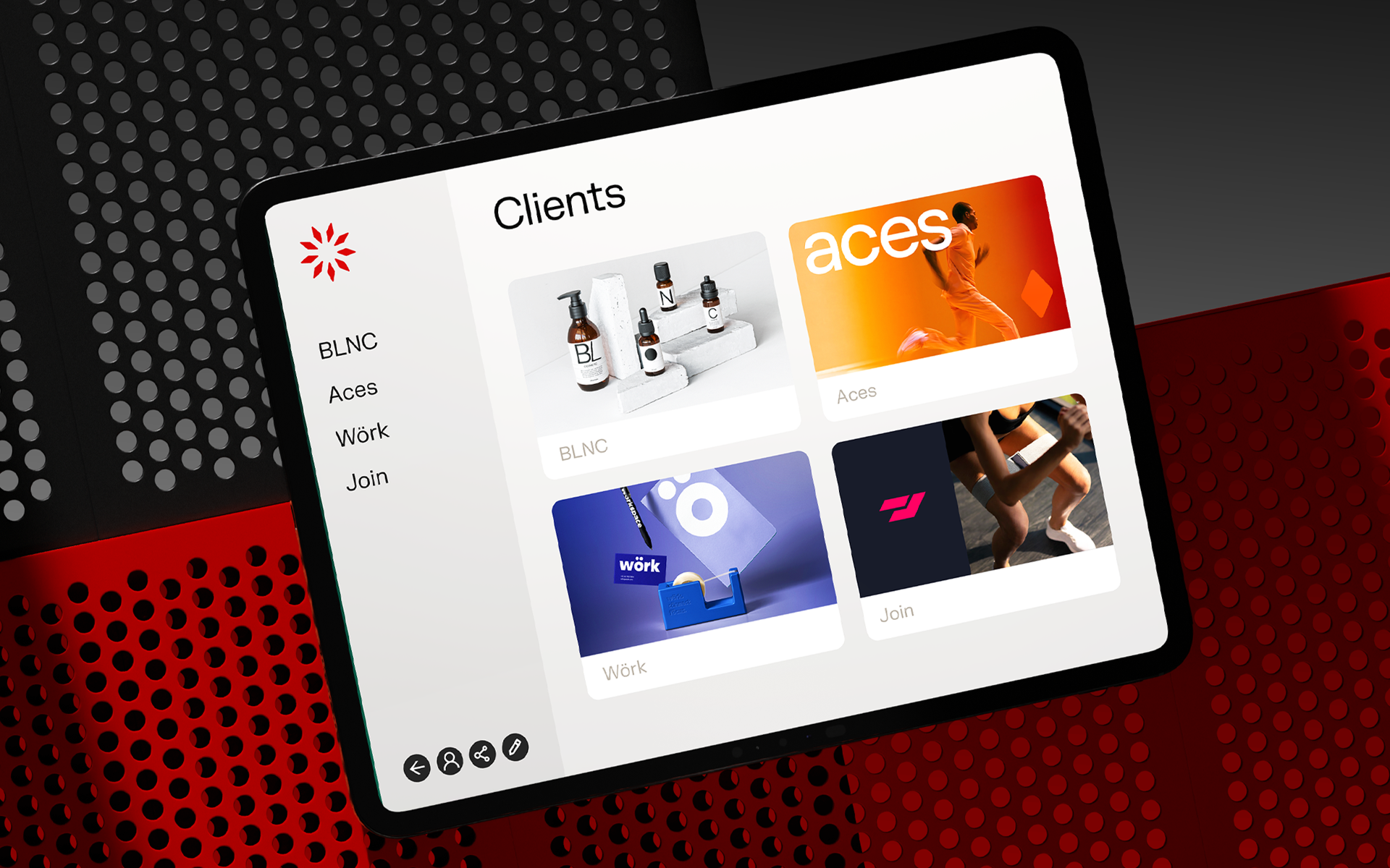Website client page with a black background and white text titled 'Clients' showing four client cards: a BLNC round outdoor sign, a woman with blue hair against a green pixelated background for Soundcube, a collection of blue marketing items including a pen and tape dispenser for Wörk, and a bright orange background with white text 'Colllect' with doodle icons.