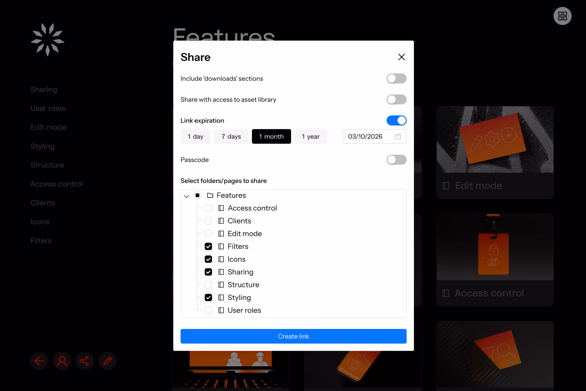 Brandguide share settings dialog with toggles for including downloads, asset library access, and passcode; link expiration options for 1 day, 7 days, 1 month (selected), and 1 year with date 03/10/2026; a folder tree listing features with checkboxes for Filters, Icons, Sharing, and Styling selected; and a blue 'Create link' button at the bottom.