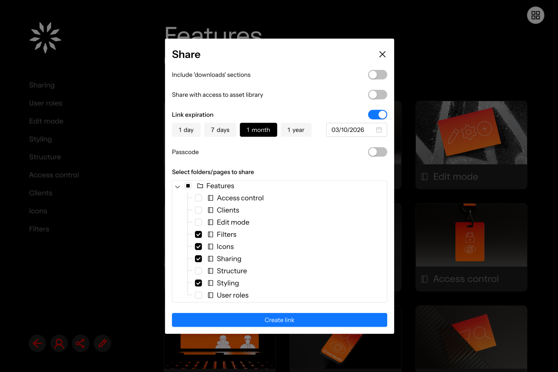 Screen showing a share settings dialog with toggles for including downloads, asset library access, and passcode; link expiration options for 1 day, 7 days, 1 month (selected), and 1 year with date 03/10/2026; a folder tree listing features with checkboxes for Filters, Icons, Sharing, and Styling selected; and a blue 'Create link' button at the bottom.