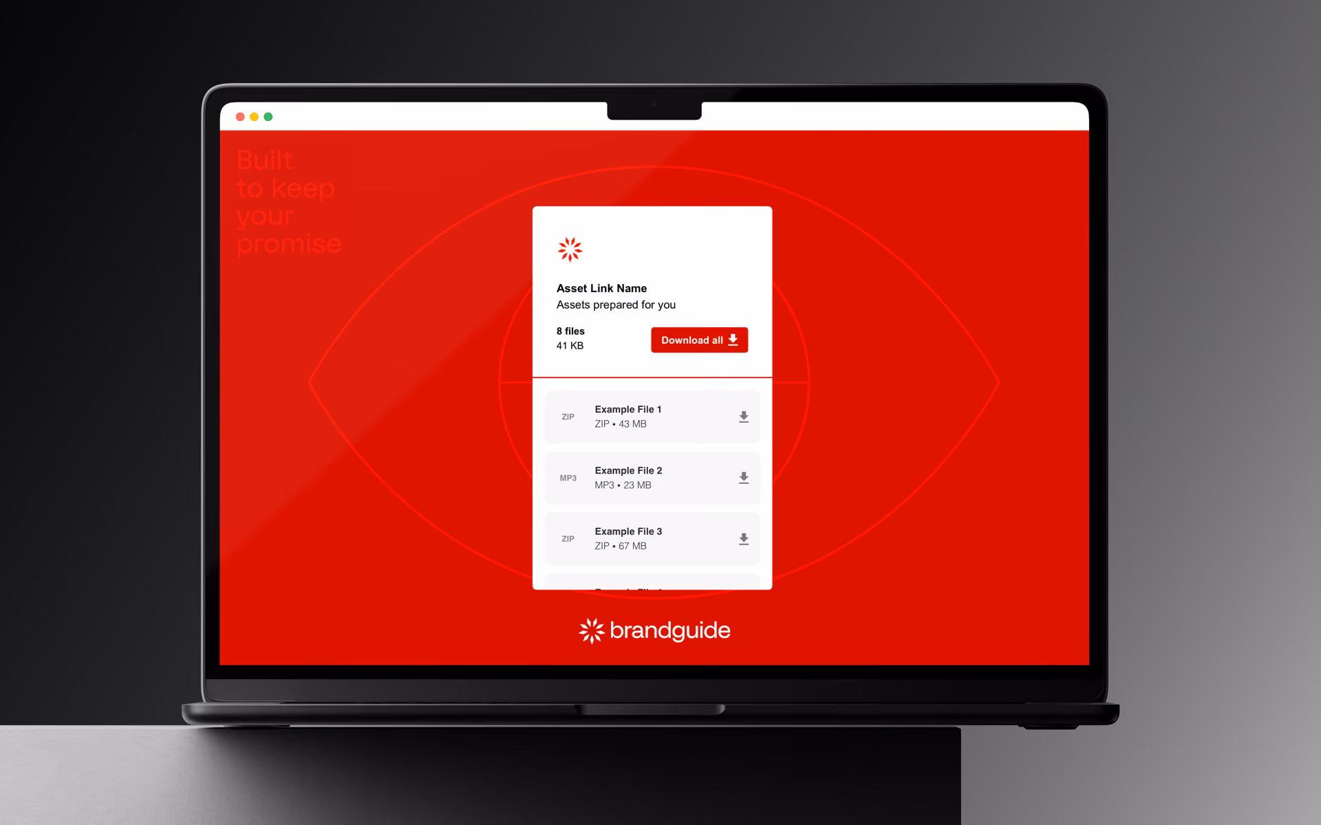 Brandguide asset share page designed with a red background with an abstract eye shape and globe lines, featuring a white download card in the center titled Share_Section with brandguide logos, offering one 1 KB SVG file for download with buttons labeled Download all and a file-specific download icon. Text on the left reads 'Built to keep your promise.'