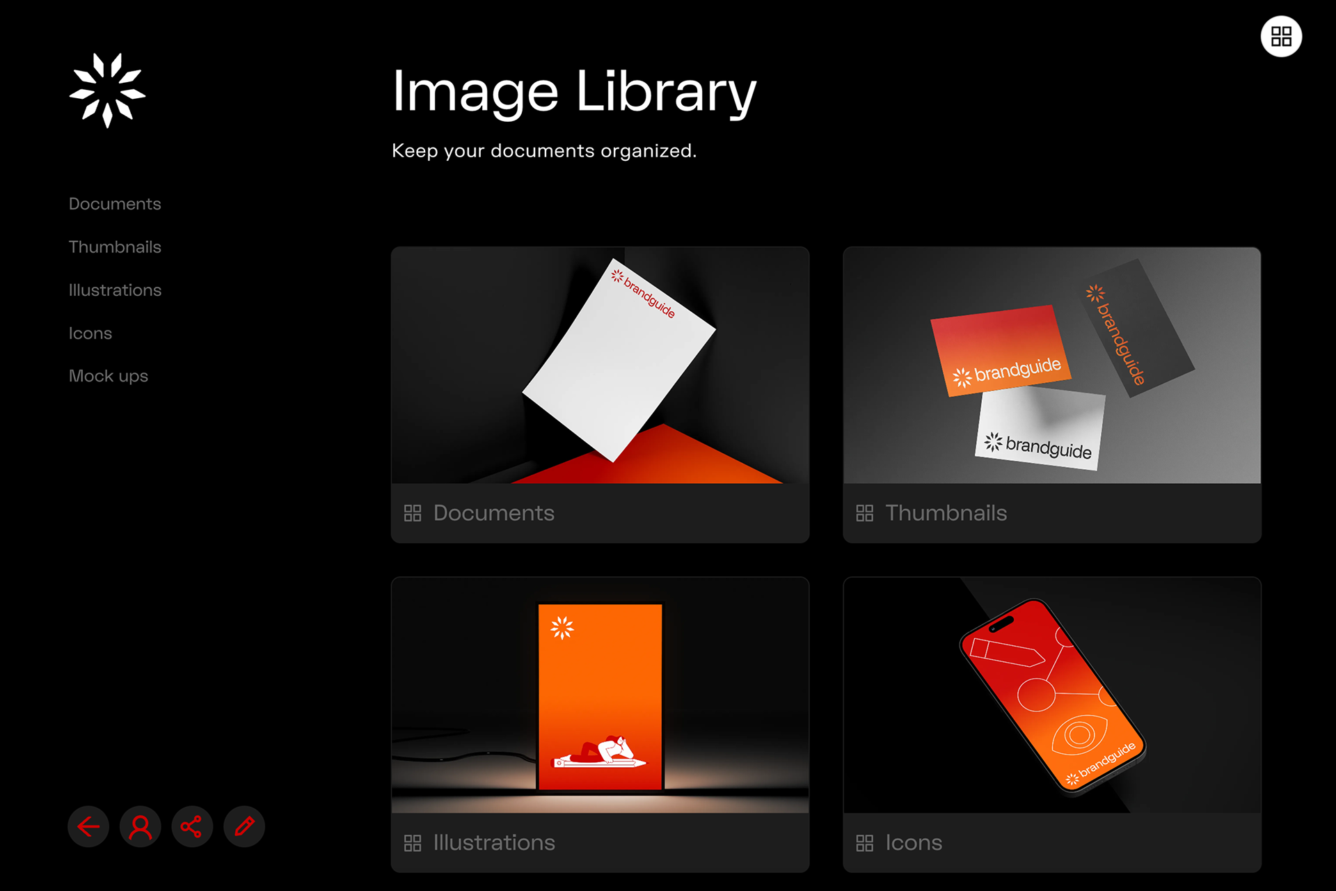 Dark-themed image library interface displaying categories: Documents with floating white paper labeled 'brandguide,' Thumbnails with three brandguide cards in orange, black, and white, Illustrations featuring a glowing orange screen with a lying character, and Icons showing a smartphone with red and orange abstract icons. Navigation menu on left lists Documents, Thumbnails, Illustrations, Icons, Mock ups. Top right has grid button, bottom left has four round red icons.