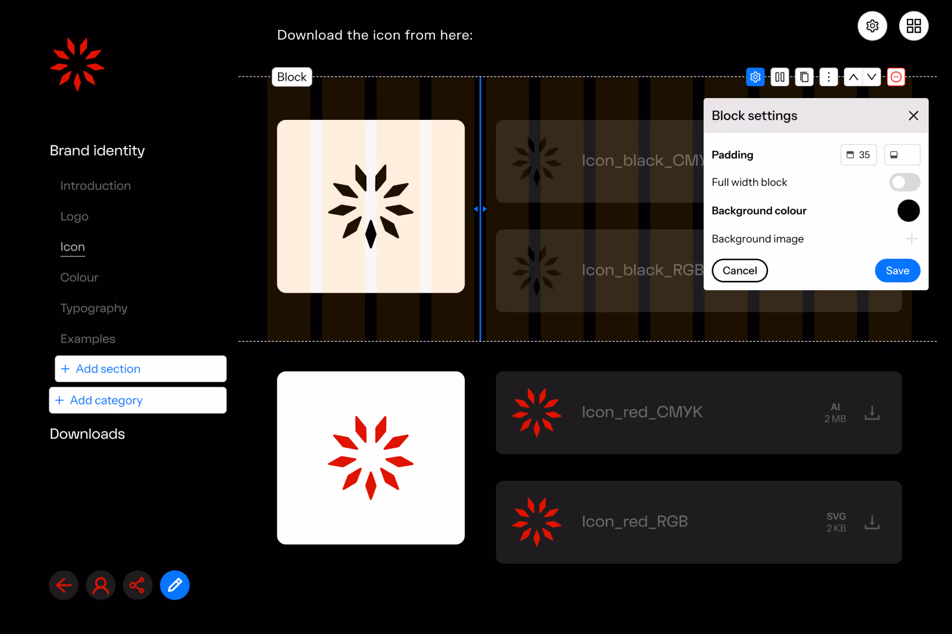 Brandguide user interface showing the page building functions. A page is built for downloading brand icons, showing a red star-like icon on a white background, with options labeled 'Icon_red_CMYK' and 'Icon_red_RGB' for download in AI and SVG formats, a left sidebar menu with 'Brand identity' and related sections, and a block settings panel for padding and background color adjustments.
