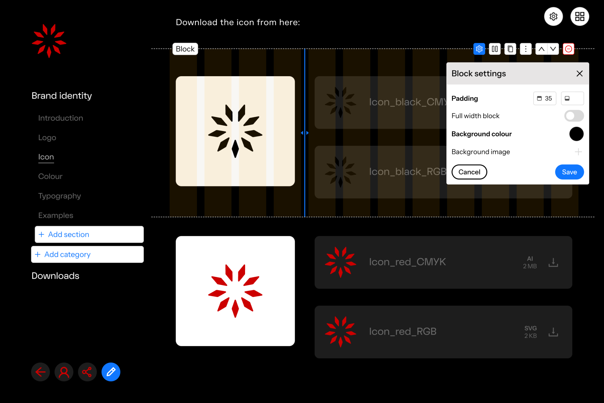 Screenshot of a dark-themed user interface for downloading brand icons, showing a red star-like icon on a white background, with options labeled 'Icon_red_CMYK' and 'Icon_red_RGB' for download in AI and SVG formats, a left sidebar menu with 'Brand identity' and related sections, and a block settings panel for padding and background color adjustments.