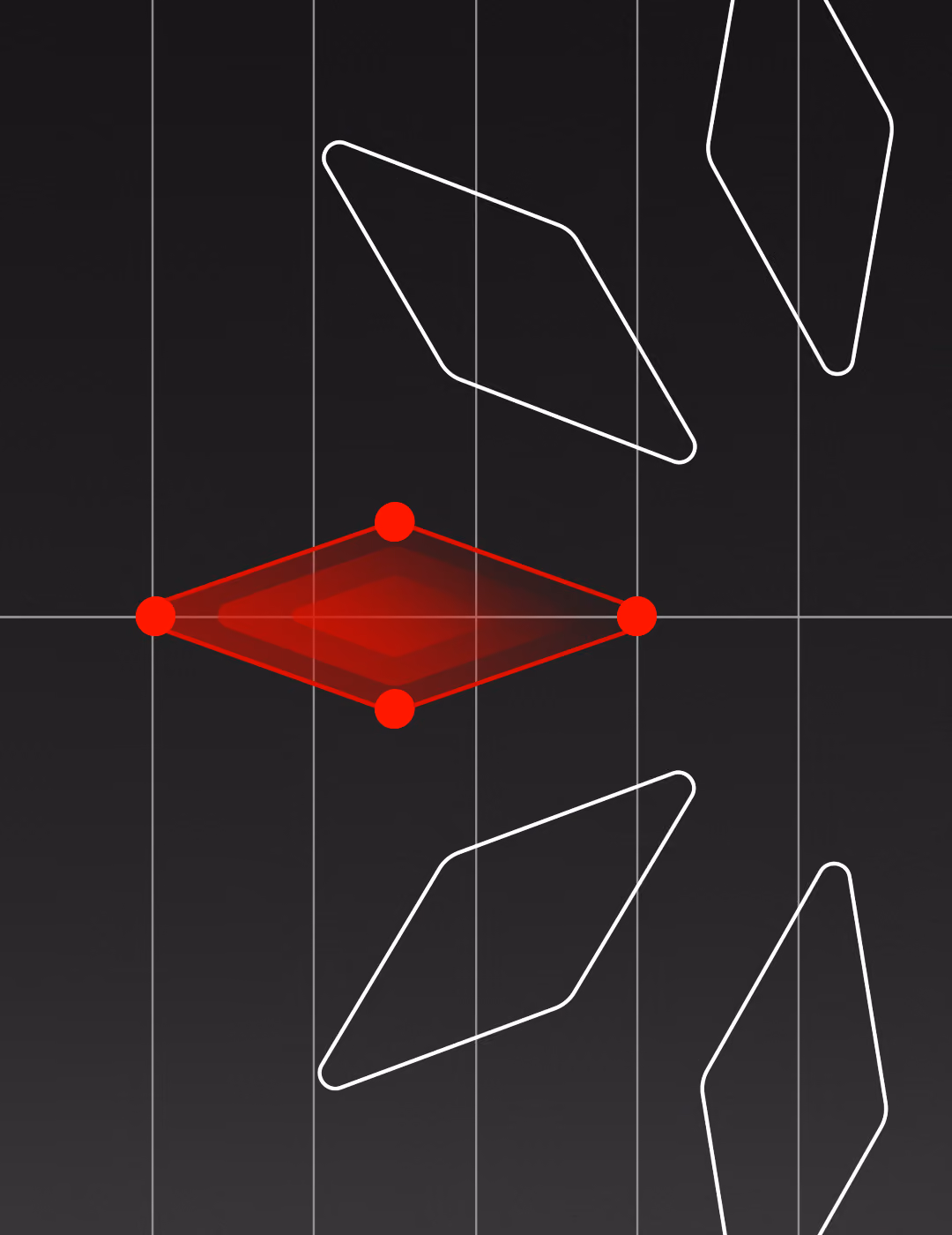 Dark background with a grid and several irregular quadrilateral outlines, one filled with a glowing orange gradient and orange circular nodes at its vertices.