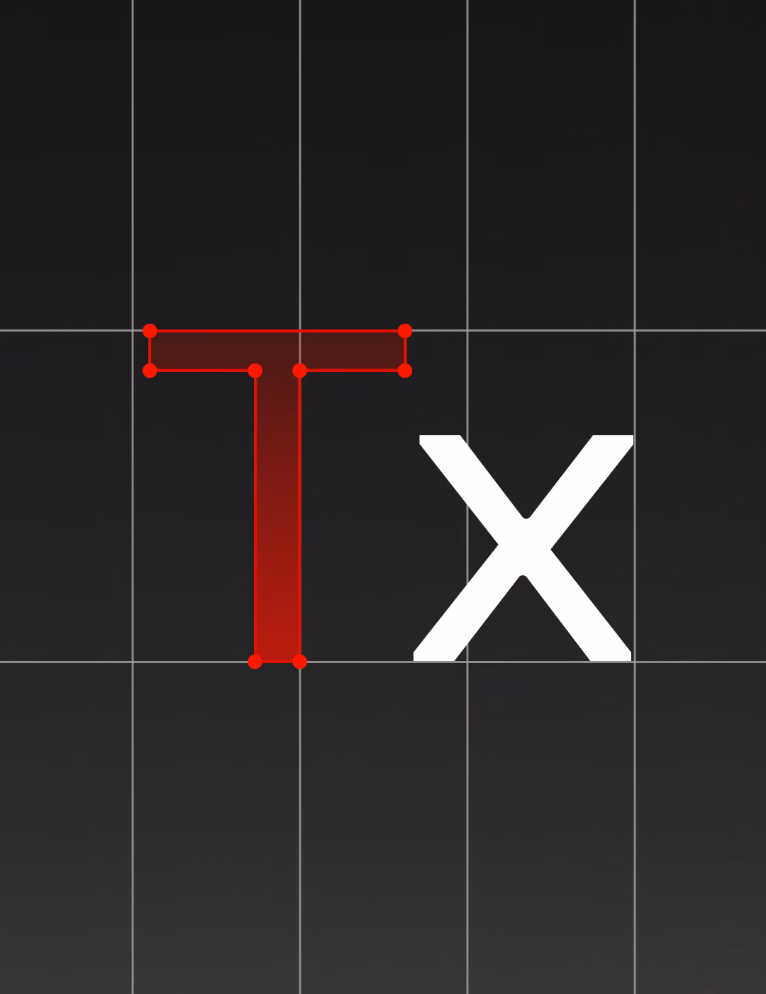 Capital letter T with orange outline and anchor points on a dark grid background next to a white letter X.