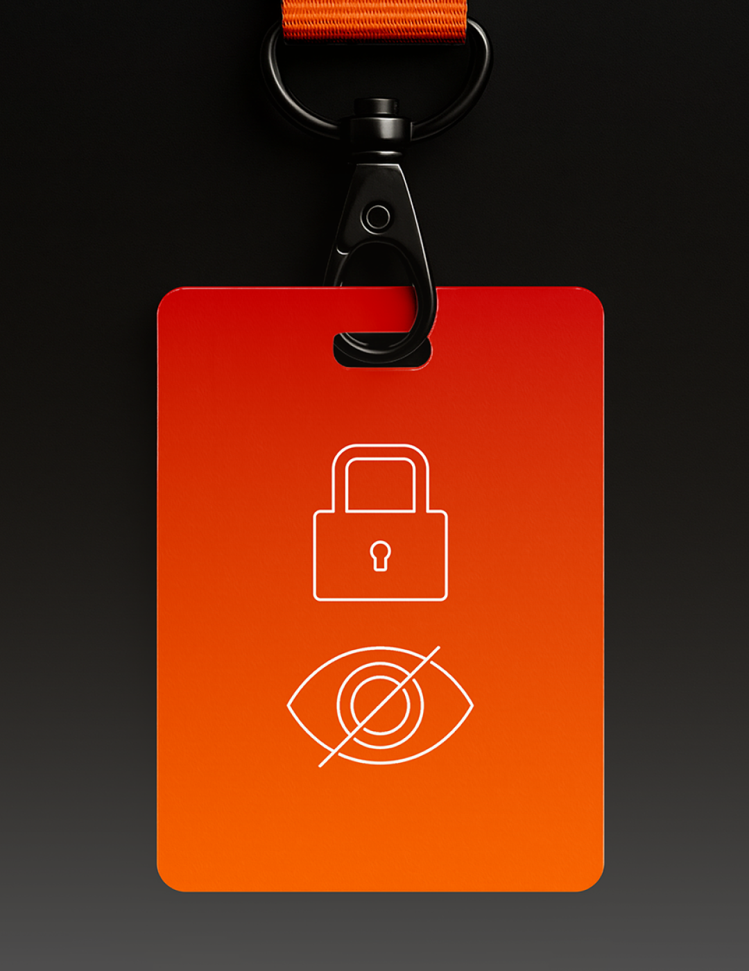 Red-orange ID badge with white icons of a lock above a crossed-out eye, hanging by a black clip with an orange strap on a dark gradient background.