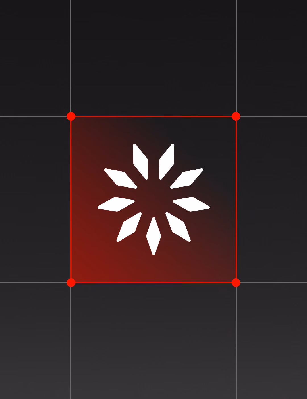 White geometric star-shaped symbol with eight diamond-like rays arranged evenly in a circular pattern on a dark gray background with an orange square outline and corner dots.