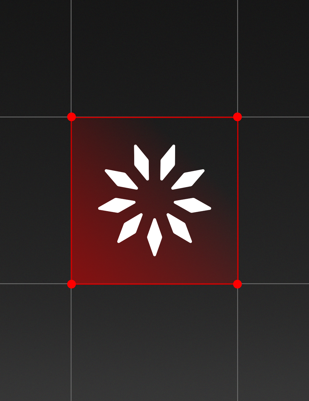 White geometric star-shaped symbol with eight diamond-like rays arranged evenly in a circular pattern on a dark gray background with an orange square outline and corner dots.