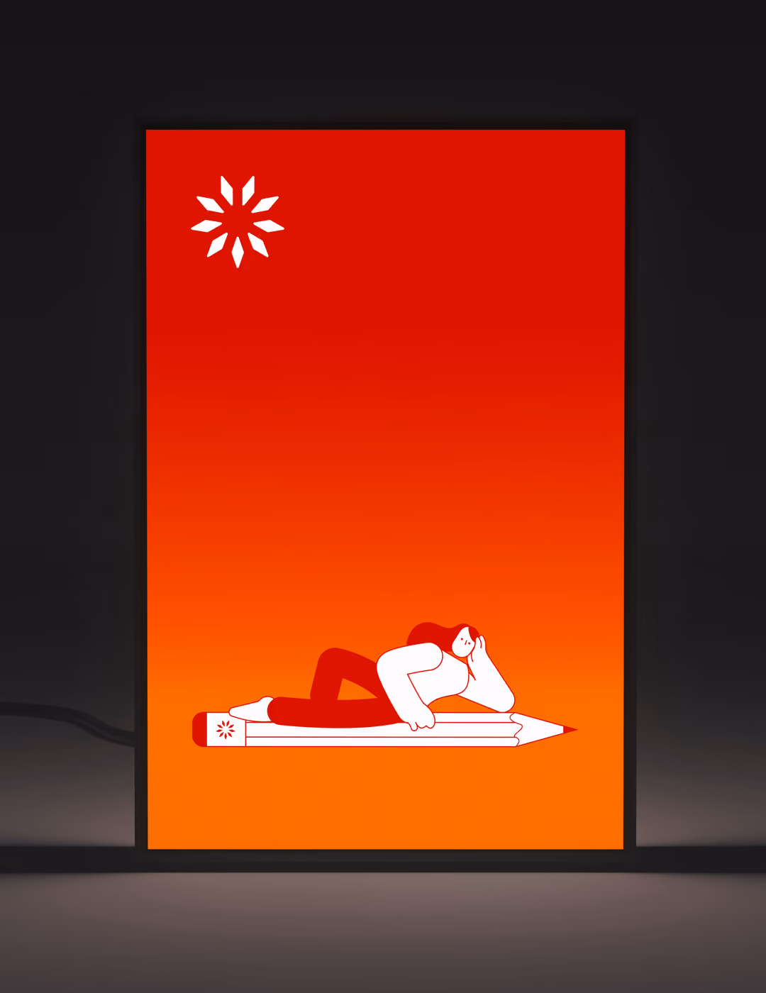 Illuminated vertical rectangular orange sign on a black corrugated wall with white text reading: Create. Collect. Share. and a white brandguide logo at the bottom.