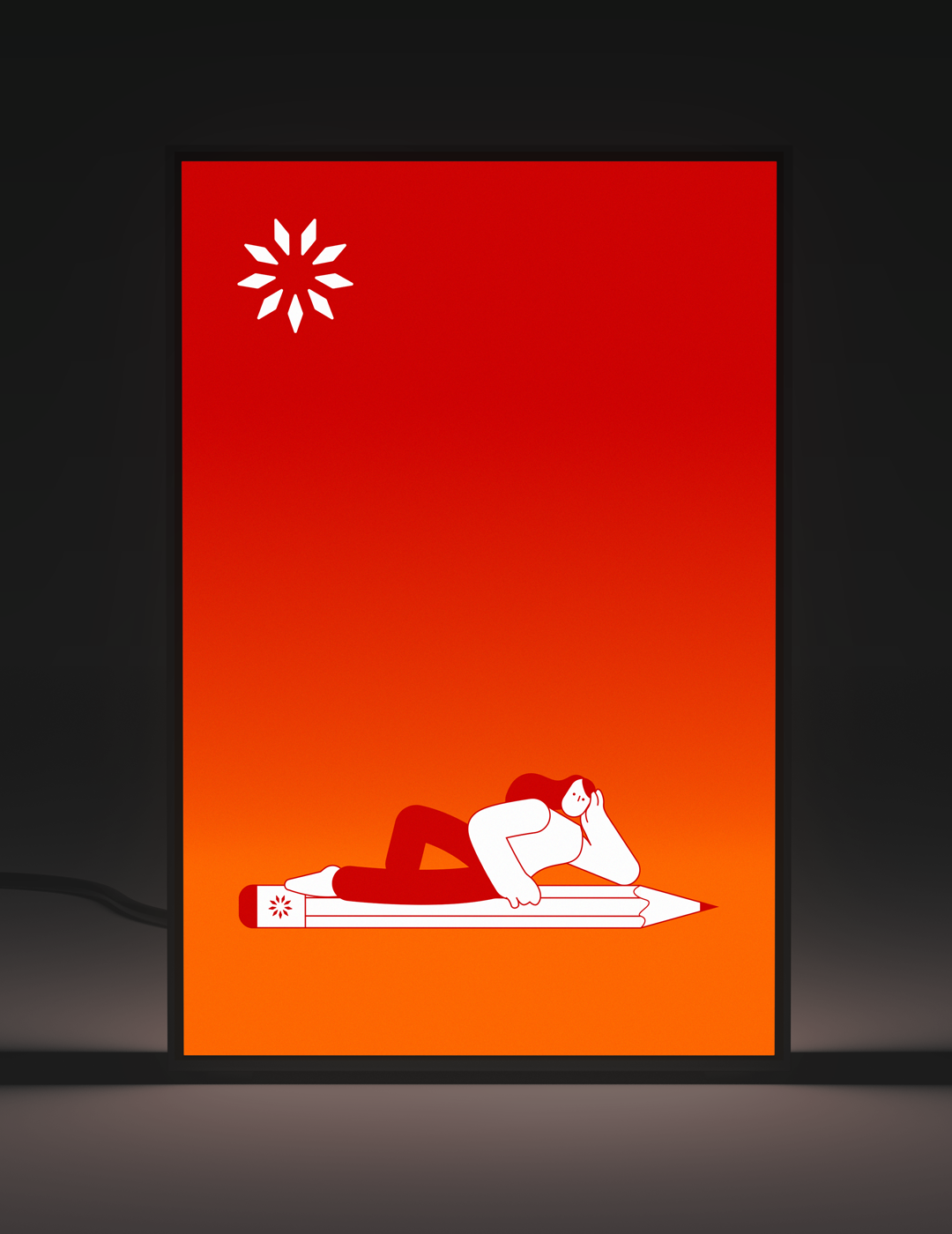 Illuminated vertical rectangular orange sign on a black corrugated wall with white text reading: Create. Collect. Share. and a white brandguide logo at the bottom.