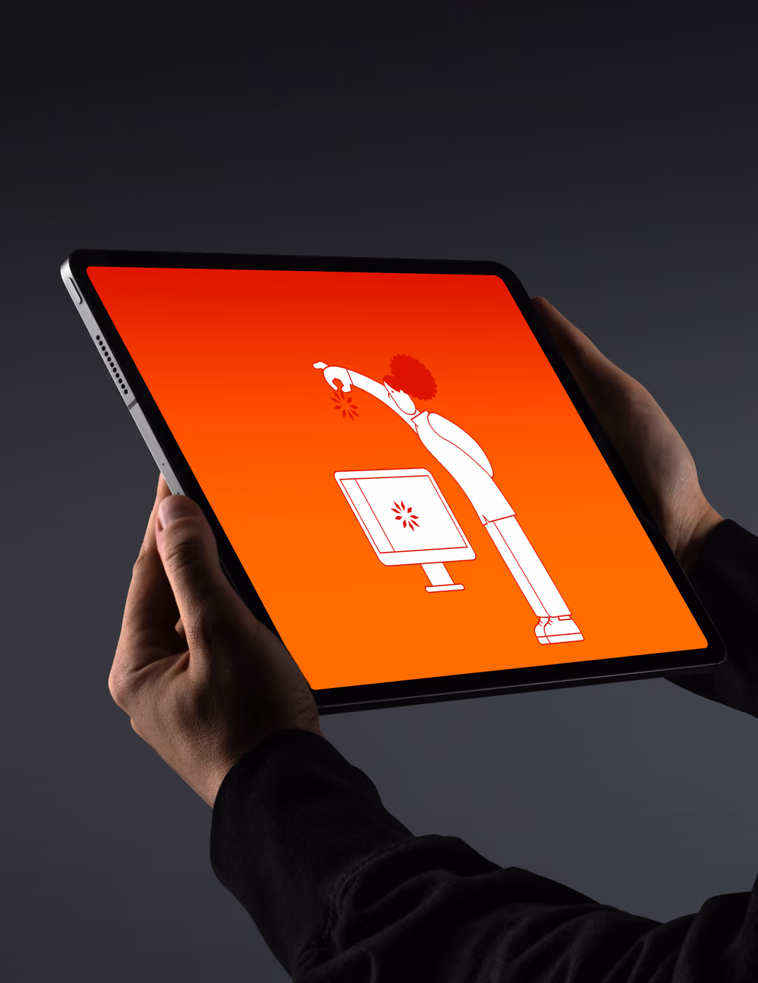 Person holding a tablet displaying a digital illustration of a figure with red curly hair reaching toward a computer monitor, both on an orange gradient background.