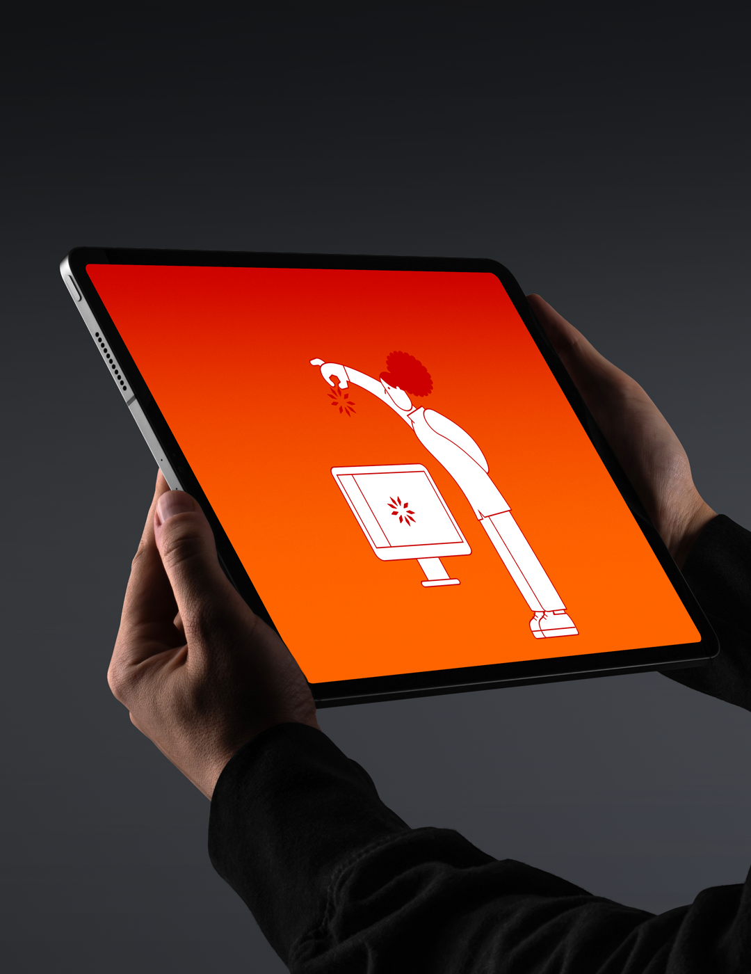 Person holding a tablet displaying a digital illustration of a figure with red curly hair reaching toward a computer monitor, both on an orange gradient background.