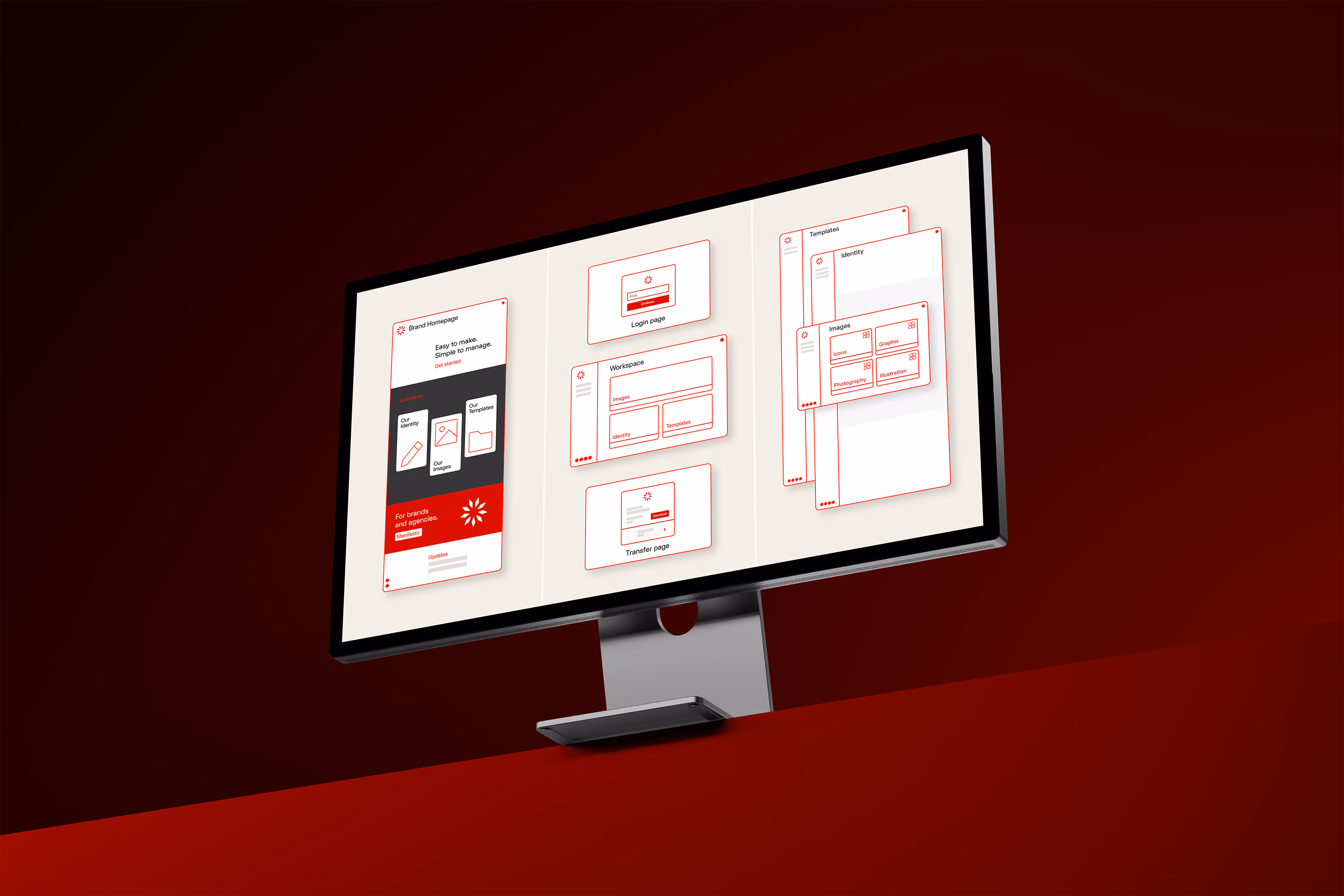 Computer monitor displaying three panels of the Brandguide user interface design with red outlines on a light background against a dark red backdrop.