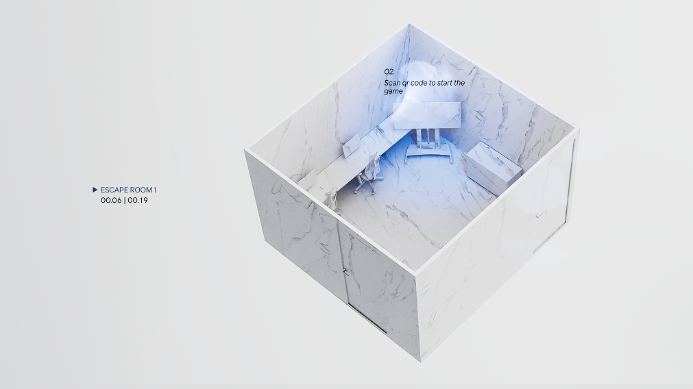 3D-rendered marble escape room with desk, chair, and glowing QR code on wall
