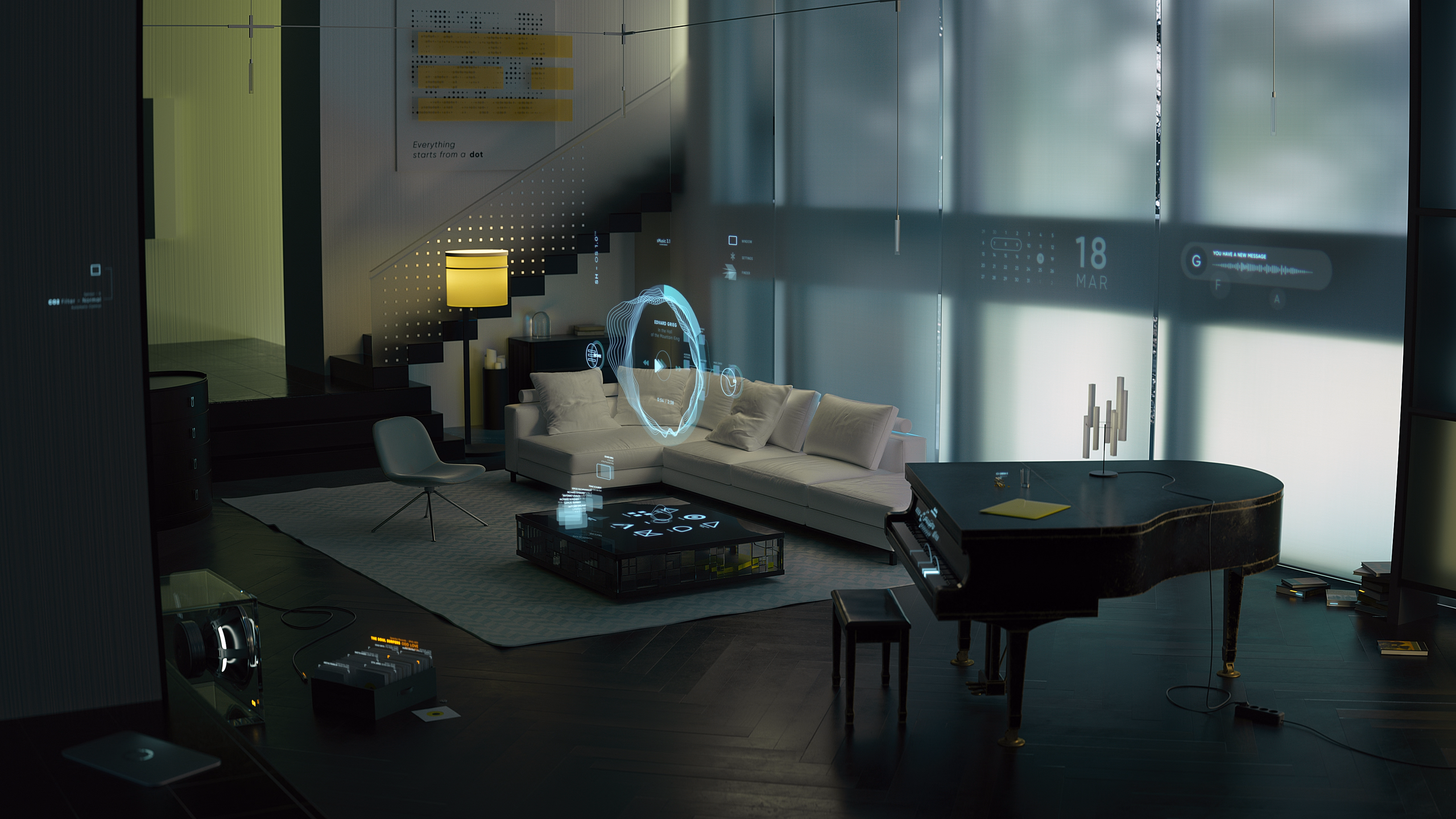 Modern living room with white sectional sofa, coffee table displaying holographic interface, grand piano, and soft ambient lighting.