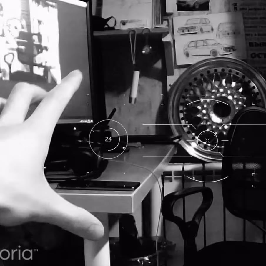 Hand-tracking exploration featuring a HUD-like abstract UI that unfolds based on the available “field of view” — defined by the space between the user’s hands.