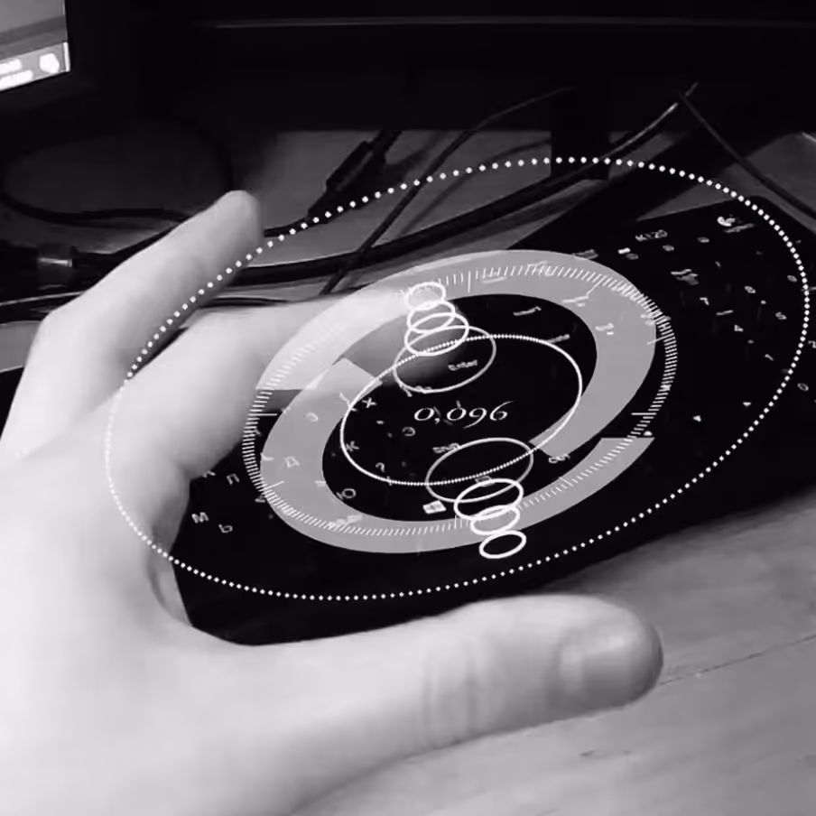 Hand-tracking exploration featuring abstract AR UI between the index finger and thumb