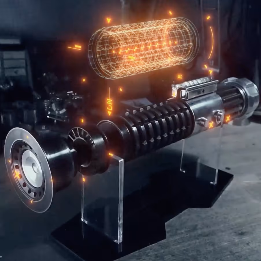Obi-Wan’s lightsaber with orange AR holographic wireframe above it.