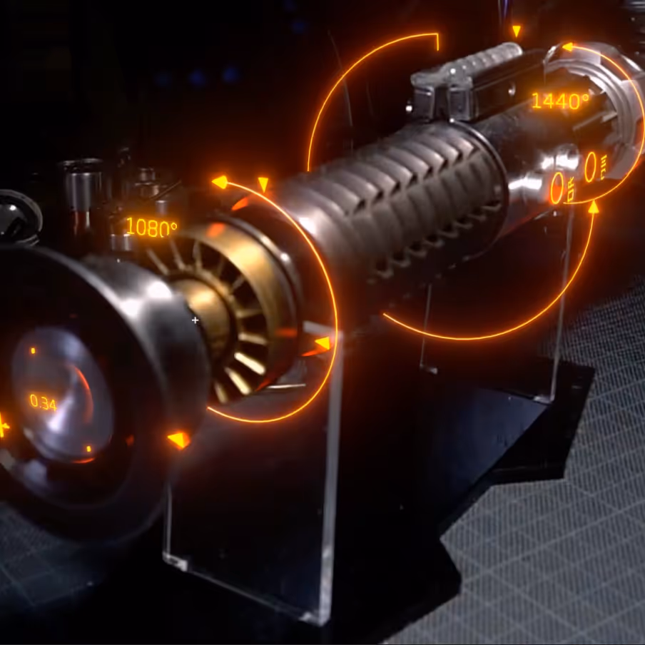 Obi-Wan’s lightsaber with orange AR holograms showing angles and diagnostics.
