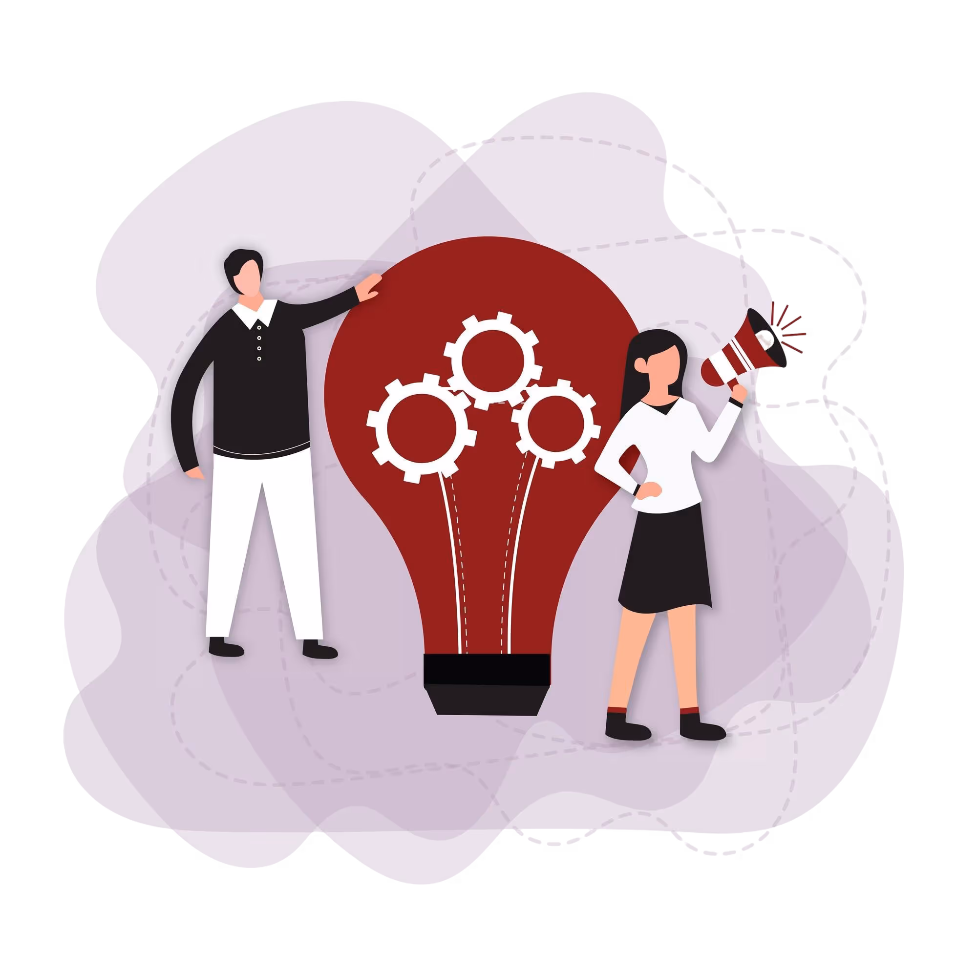 Illustration einer Glühbirne und Zahnrädern und zwei Personen