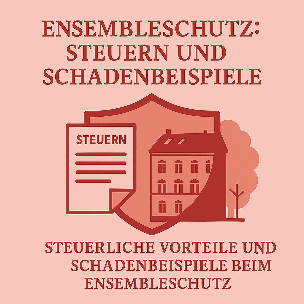 Illustration eines geschützten Gebäudes mit Steuerdokument und Schildsymbol. Thema: Steuern und Schadenbeispiele bei Gebäuden im Ensembleschutz.