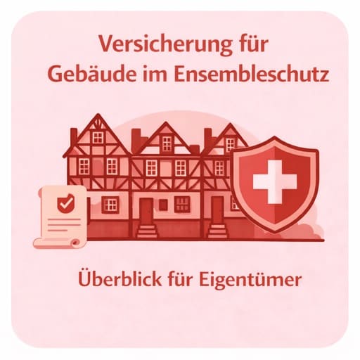 Illustration historischer Gebäude im Ensembleschutz mit Symbolen für Gebäudeversicherung und speziellem Versicherungsschutz.