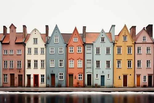 Reihe schmaler, pastellfarbener Stadthäuser mit giebelständiger Bauweise und einheitlicher Traufhöhe entlang eines Kanals