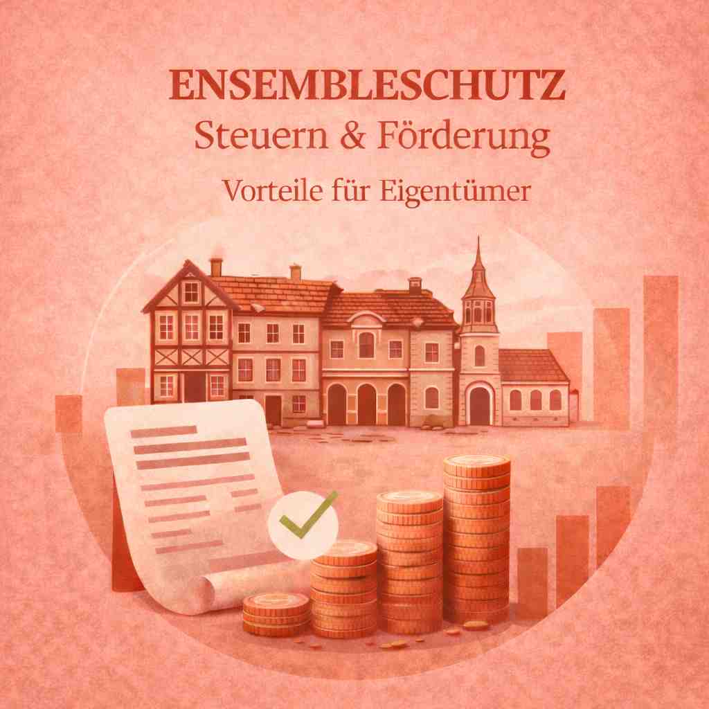 Illustration eines ensemblegeschützten Gebäudeensembles mit Dokument, Häkchen und gestapelten Münzen als Symbol für steuerliche Vorteile und Fördermöglichkeiten für Eigentümer.