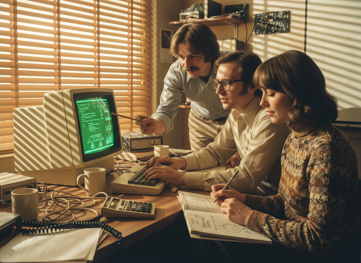 Teammates looking at a computer