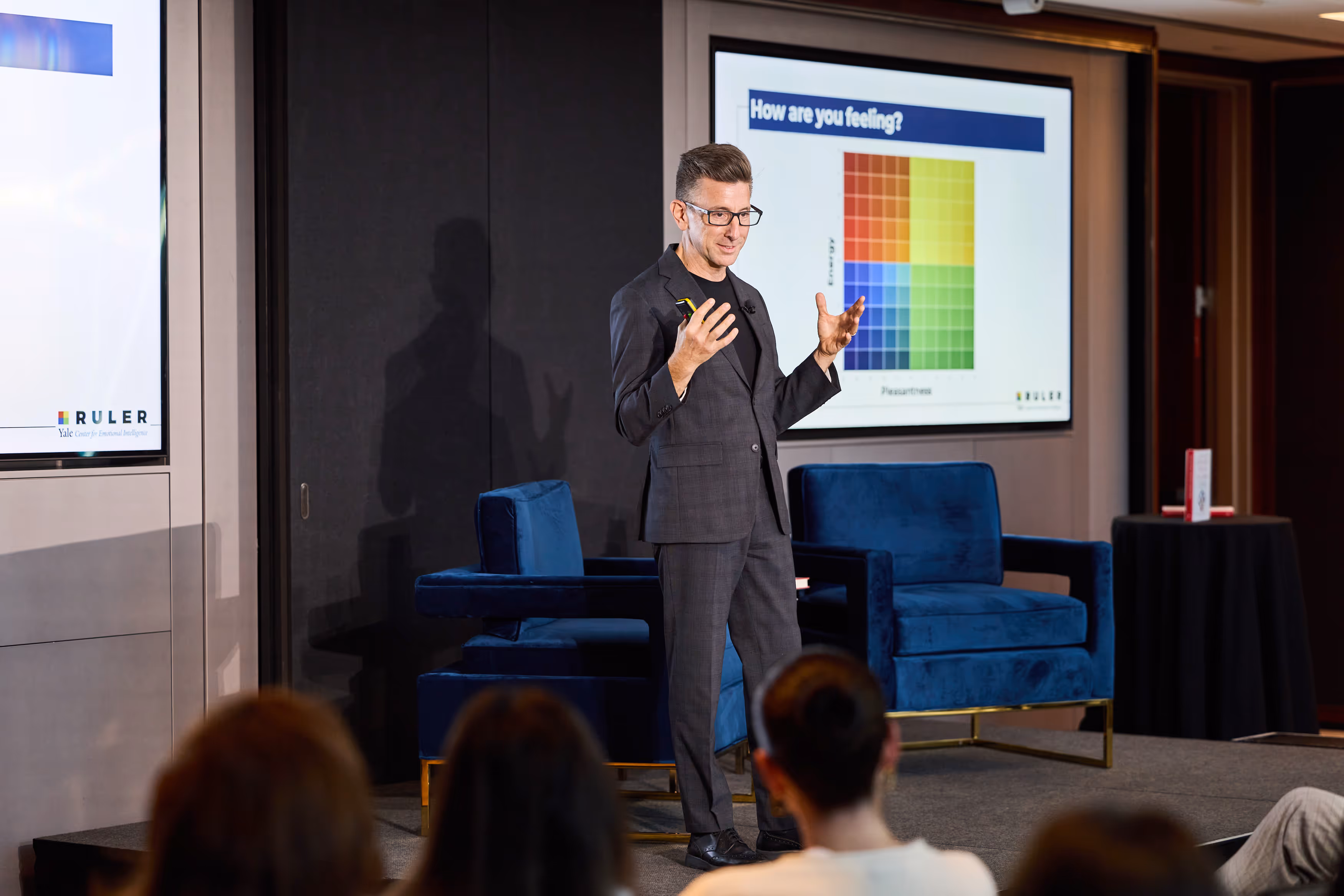 Multiple images of Hearst colleagues hosting discussions with actors, artists and more.