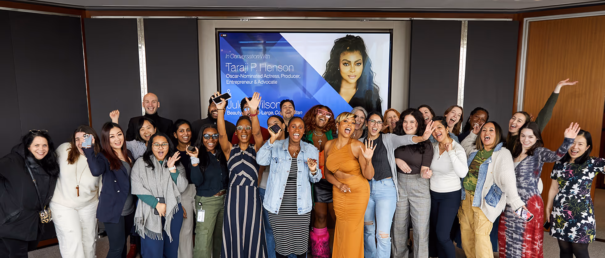Multiple images of Hearst colleagues hosting discussions with actors, artists and more.
