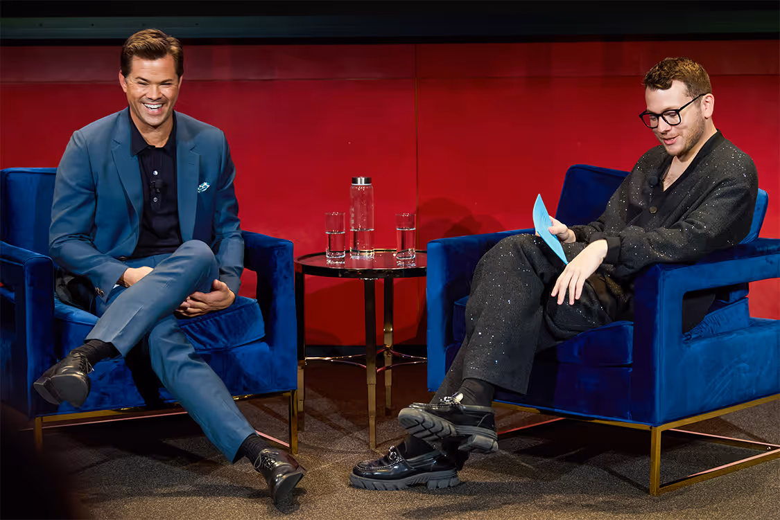 Multiple images of Hearst colleagues hosting discussions with actors, artists and more.