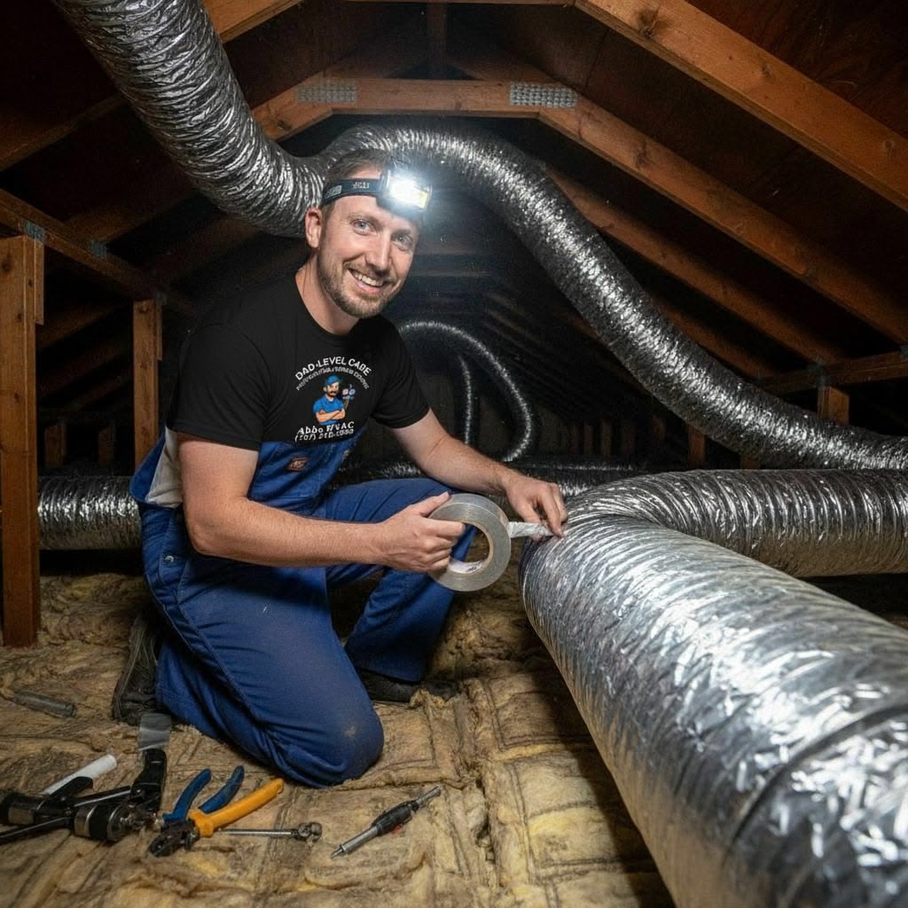 Duct cleaning team servicing air ducts in an attic to remove dust and seal leaks for better home air quality