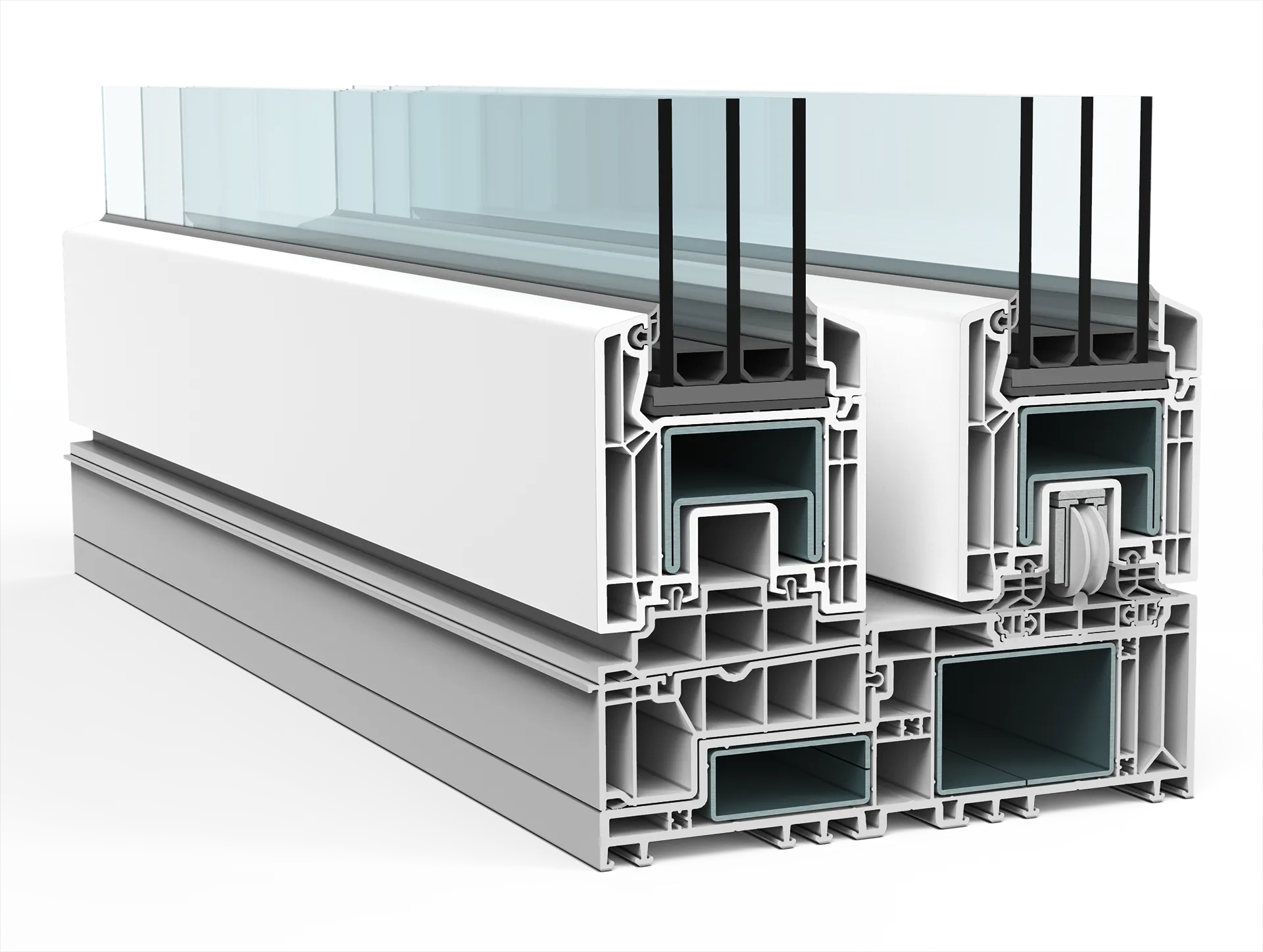 Querschnitt eines PVC-Schiebefensterprofils mit Doppelverglasung.