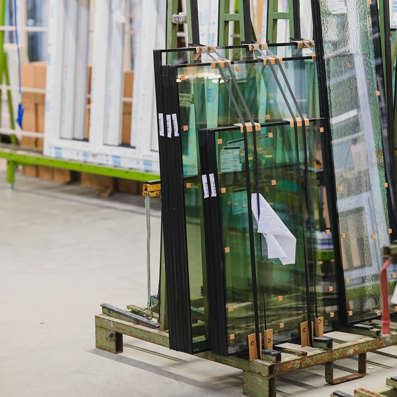 Große, durchsichtige Glasplatten, die in einem Lagerhaus auf einem grünen Metallgestell angebracht sind.