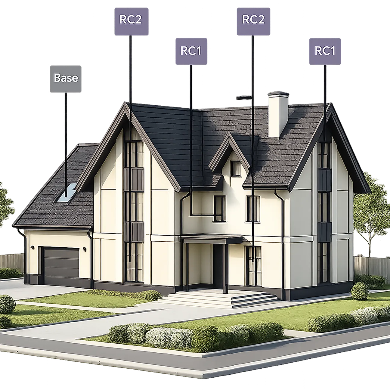 Beiges zweistöckiges Hausmodell mit schwarzem Dach und Beschriftungen, die verschiedene Dachabschnitte mit den Bezeichnungen „Base“, „RC1“ und „RC2“ kennzeichnen.