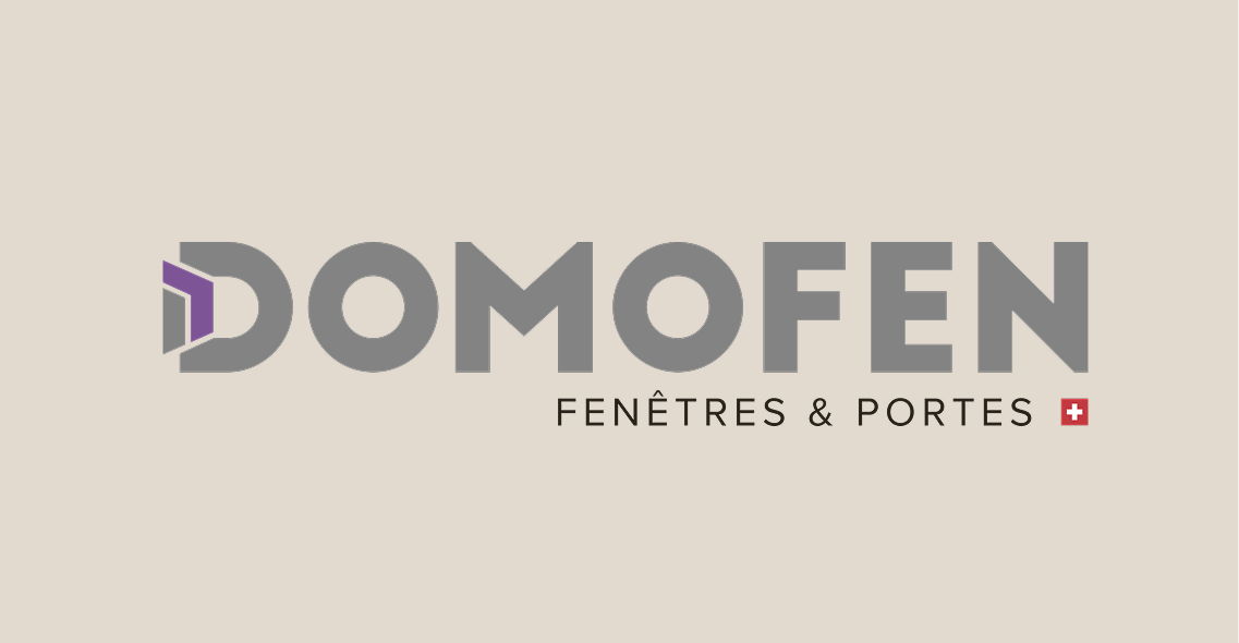 Logo DOMOFEN avec texte Fenêtres & Portes et petit drapeau suisse rouge avec croix blanche.
