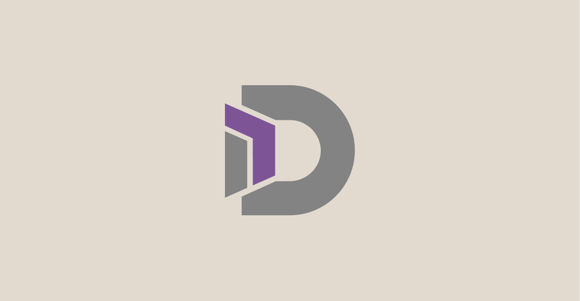Logo abstrait combinant des formes en D gris et violet sur fond beige.