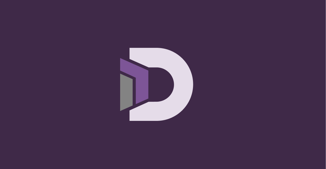 Symbole abstrait en forme de lettre D avec des formes triangulaires superposées en gris et violet sur fond violet foncé.