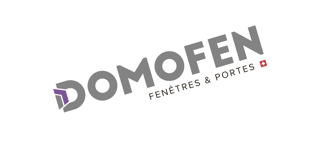 Logo de DOMOFEN avec un symbole stylisé de fenêtres et portes, texte en gris et violet, avec une petite croix suisse rouge.