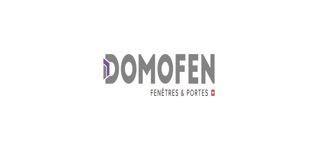Logo de DOMOFEN avec le texte Fenêtres & Portes et un petit drapeau suisse.