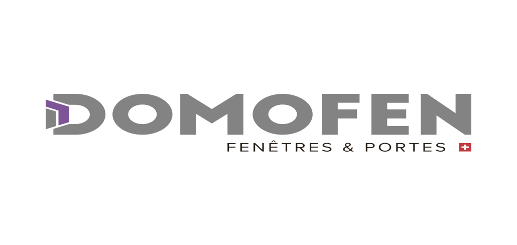 Logo Domofen avec le texte Fenêtres & Portes et un petit drapeau suisse.