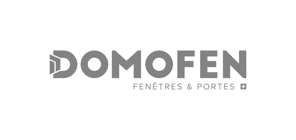 Logo DOMOFEN avec texte Fenêtres & Portes et un petit symbole de croix suisse.
